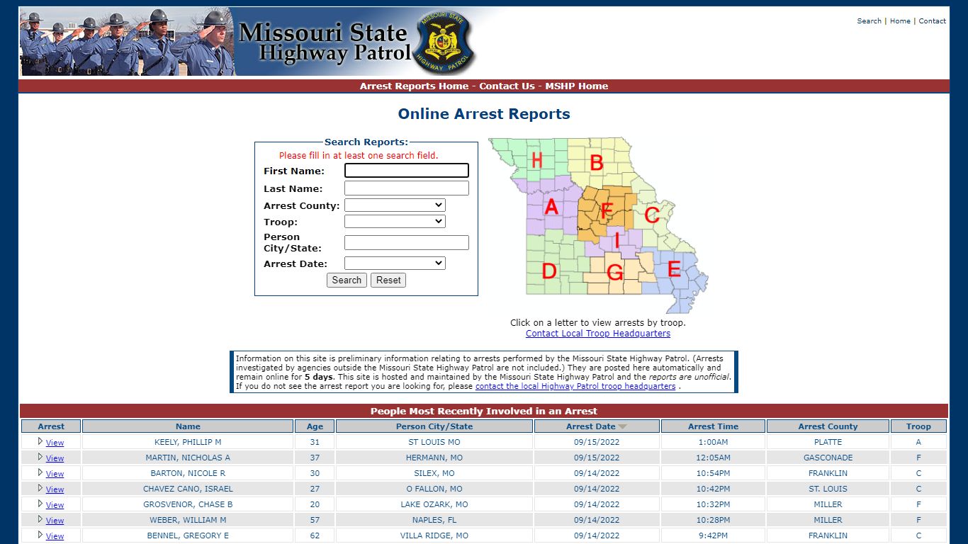 Missouri State Highway Patrol - Arrest Reports